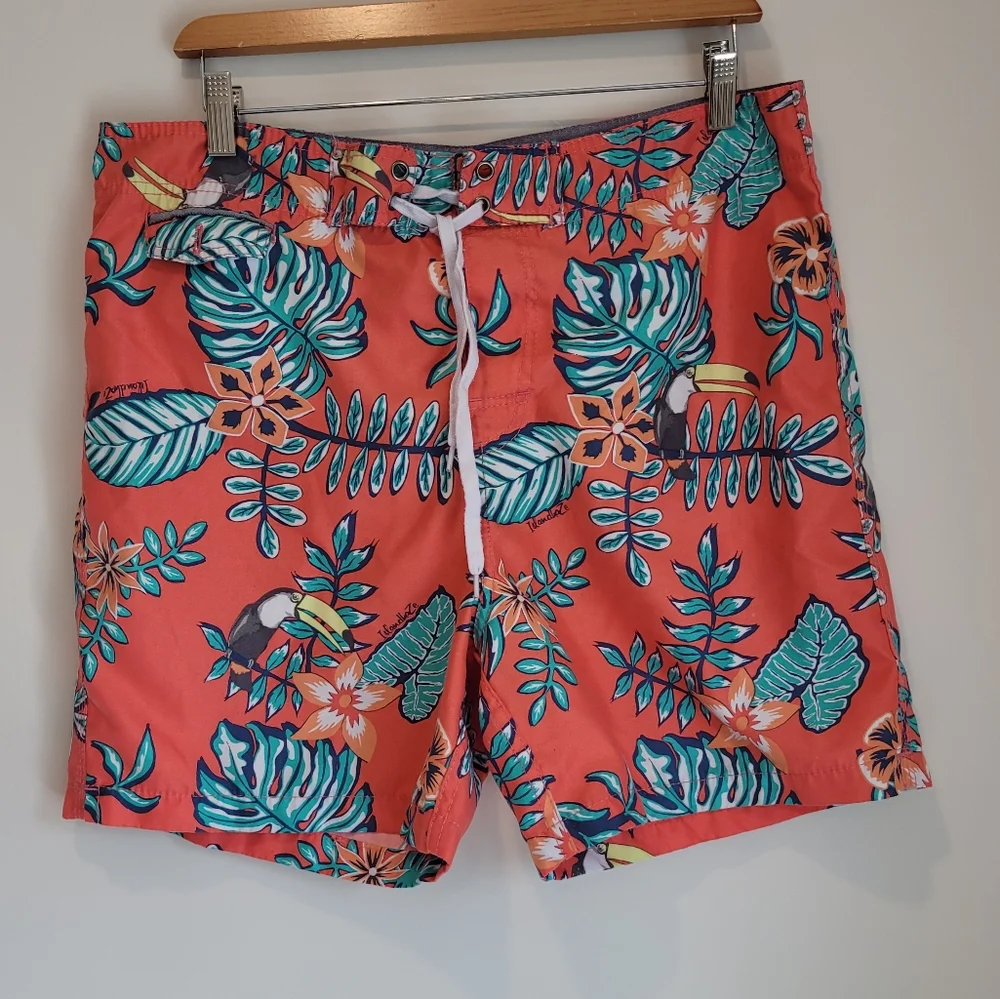 Dionne Co. Jeans Board Shorts Orange Tropical Print Pockets Drawstring  …